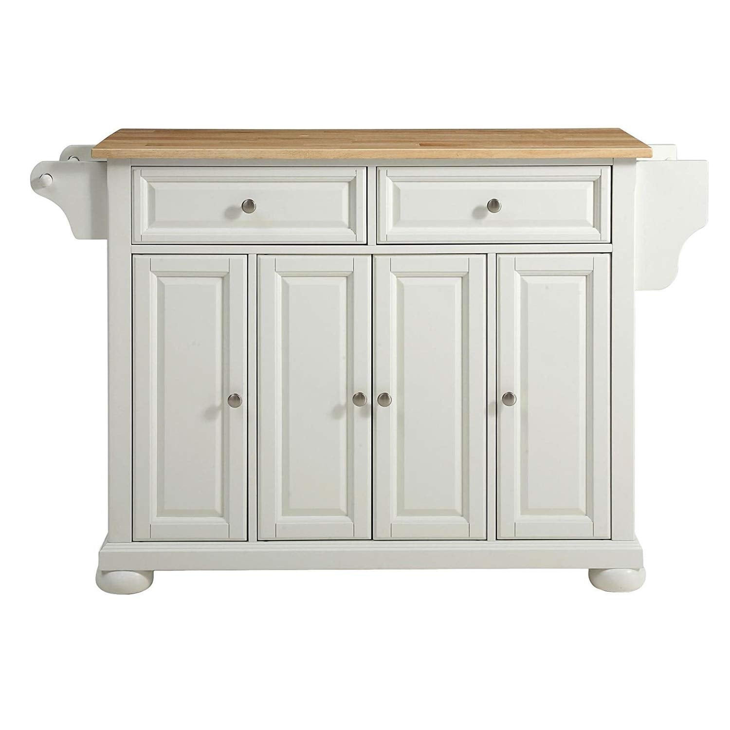 A white kitchen island with multiple drawers and a warm wooden top, providing both functionality and style.