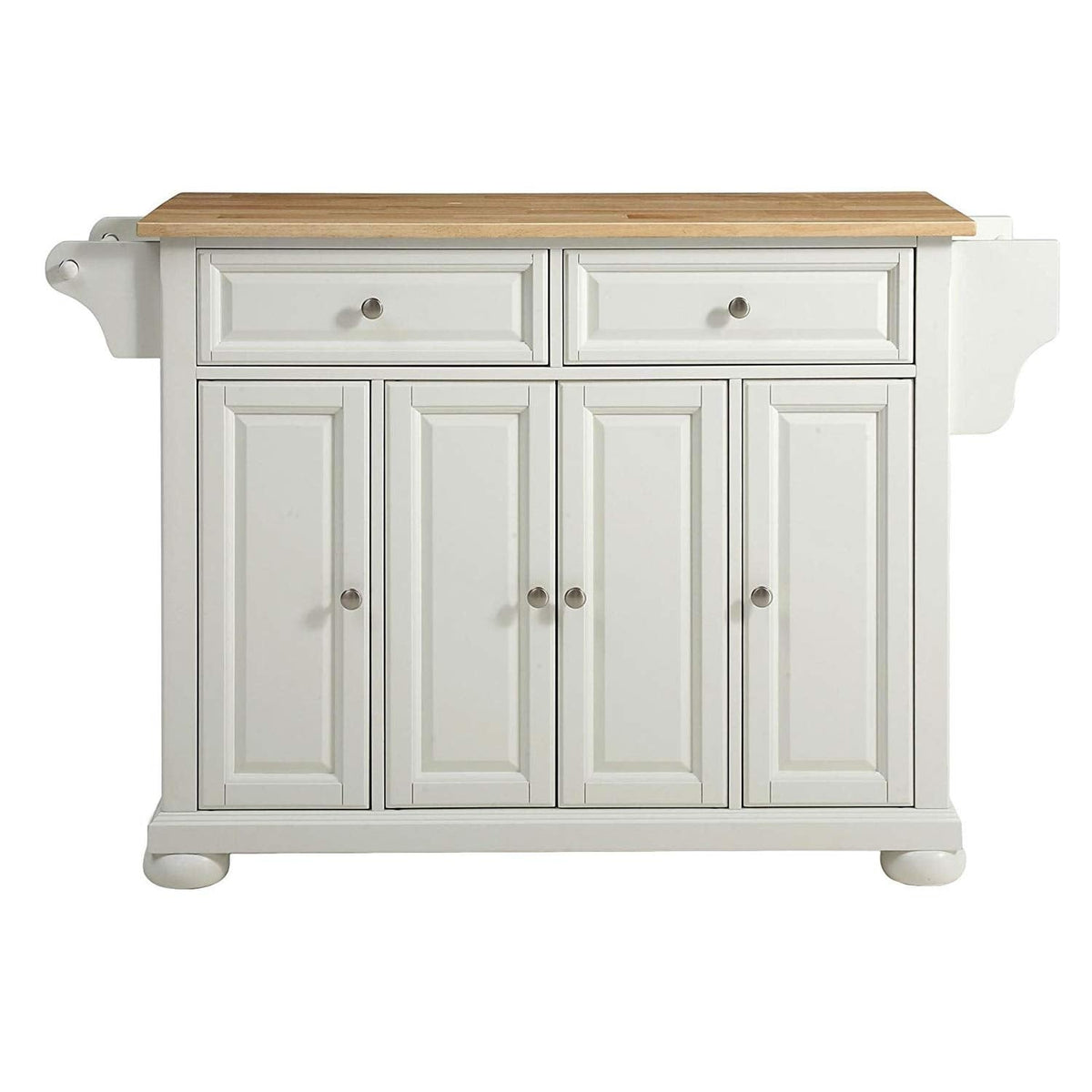 A white kitchen island with multiple drawers and a warm wooden top, providing both functionality and style.