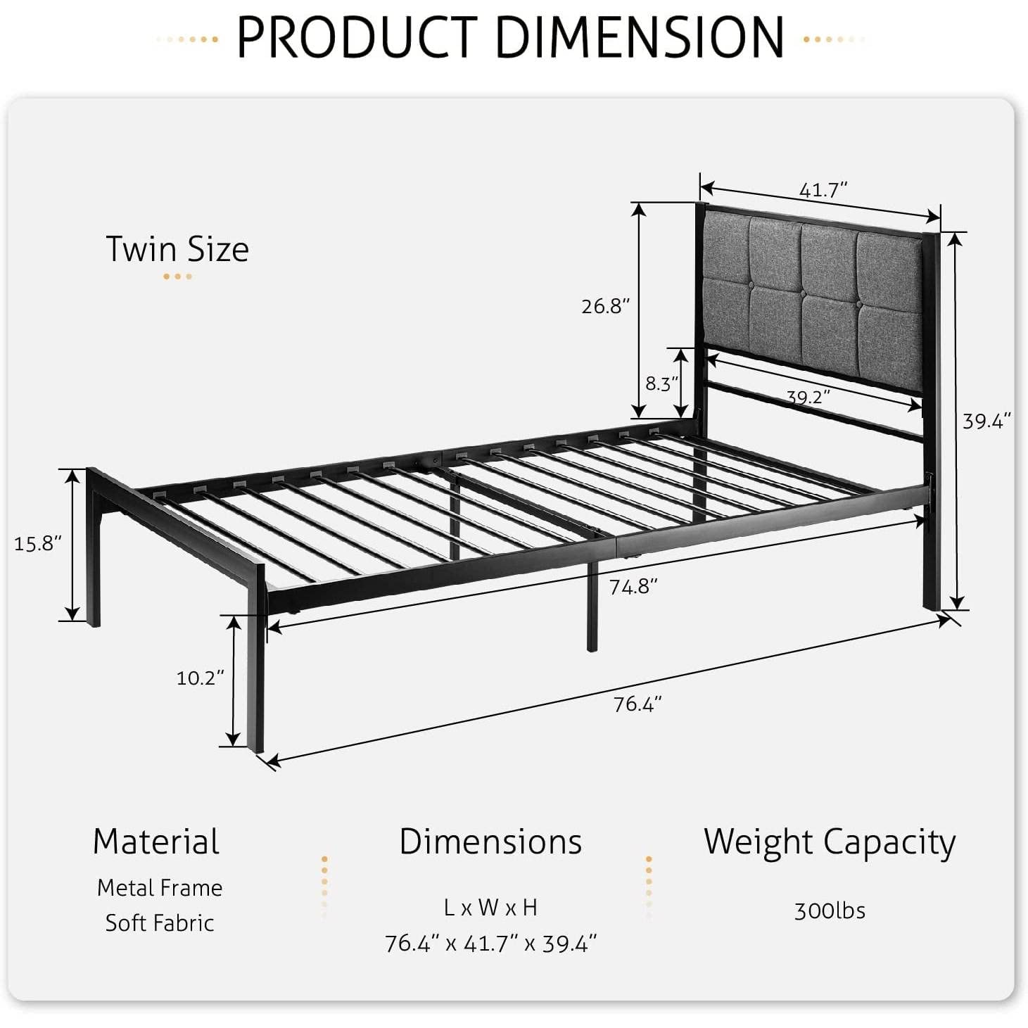 Twin Metal Bed Frame w/ Gray Upholstered Headboard