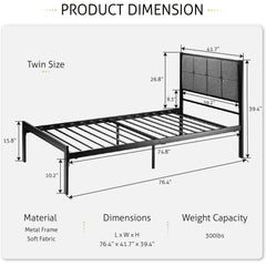 Twin Metal Bed Frame w/ Gray Upholstered Headboard