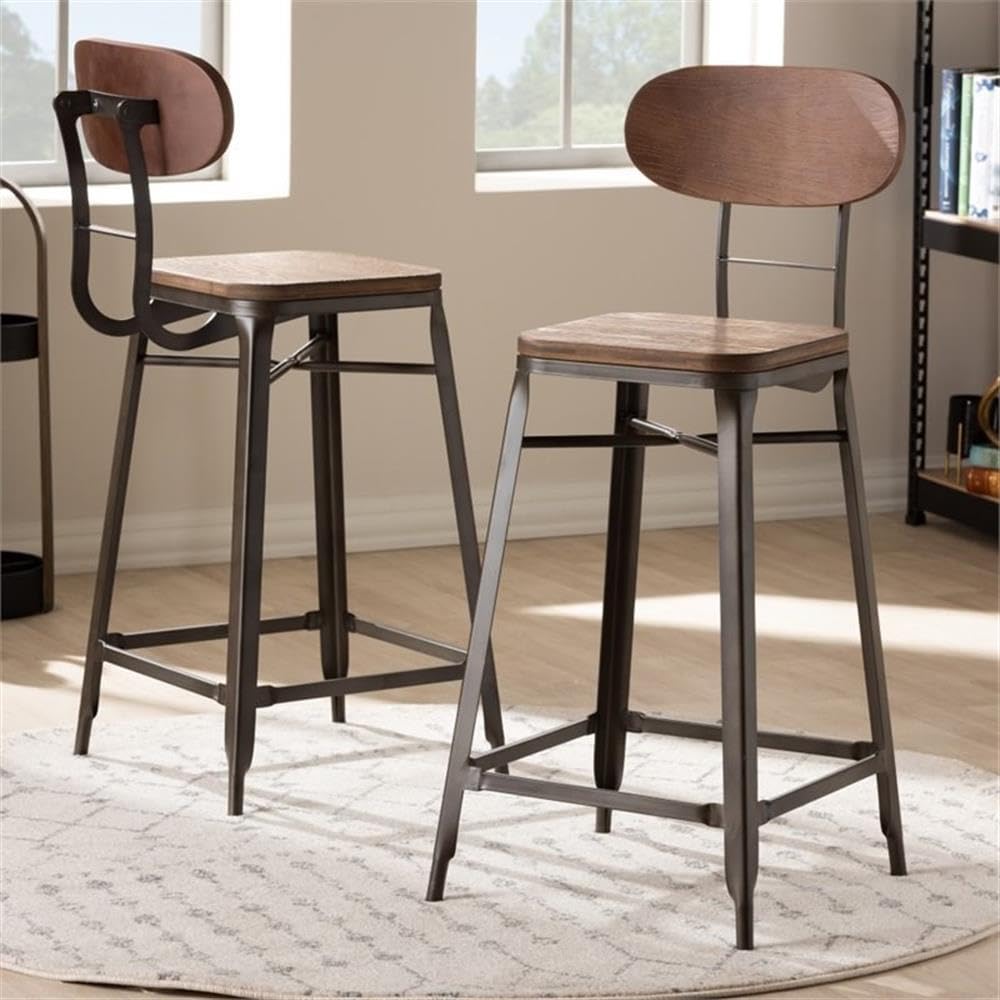 Baxton Studio Varek Vintage Rustic Industrial Style Bamboo and Rust-Finished Steel Stackable Counter Stool Set