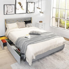 Full Grey/Gold Linen Headboard 4-Drawer Bed