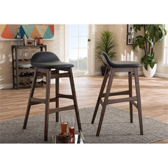 Baxton Studio 2 Piece Bloom Scandinavian Style Faux Leather Upholstered Walnut Barstool Set, 30", Black