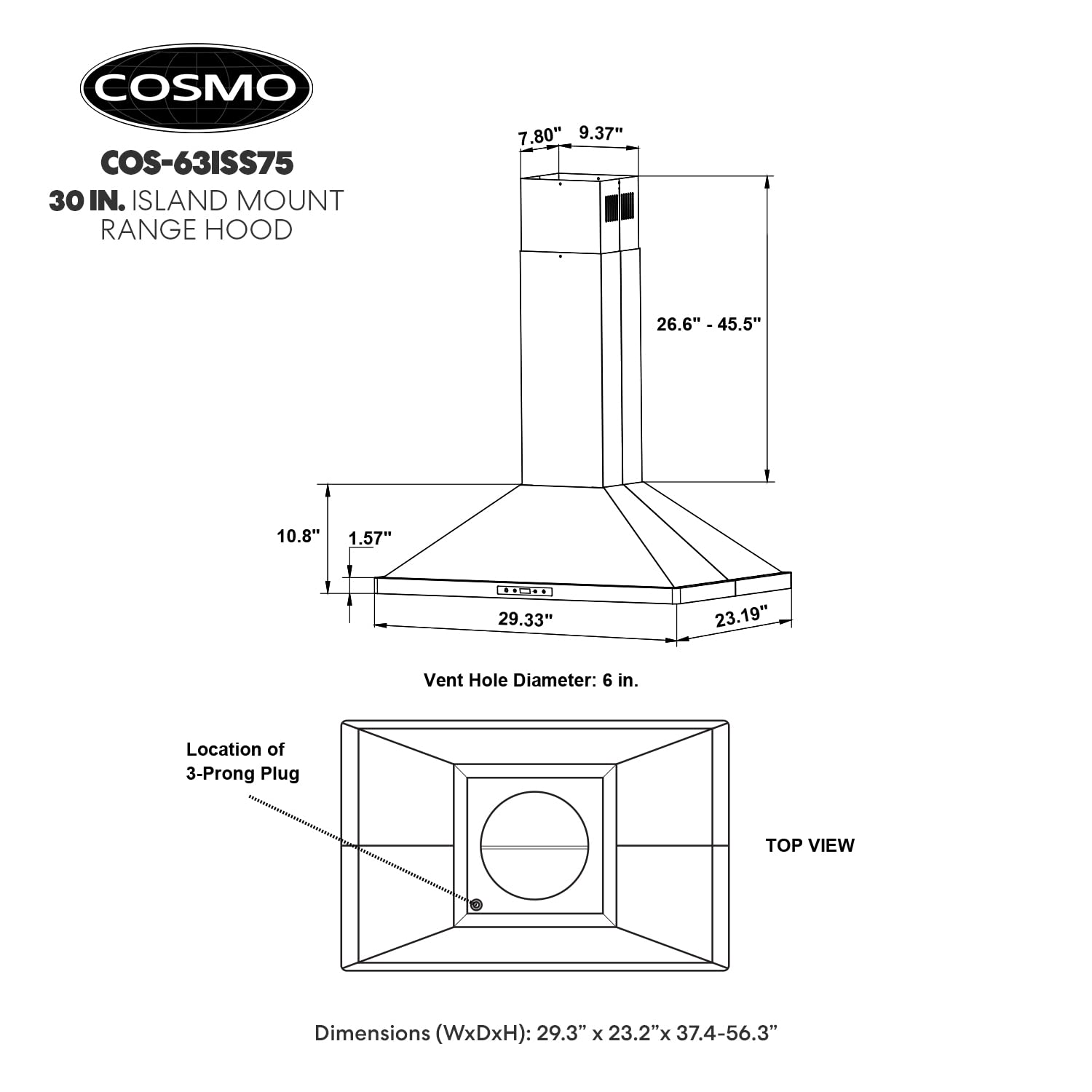 COS-63ISS75 30 in. Lumin Collection 380 CFM Ducted Island Range Hood, Soft Touch Controls, LED Lights, Stainless Steel