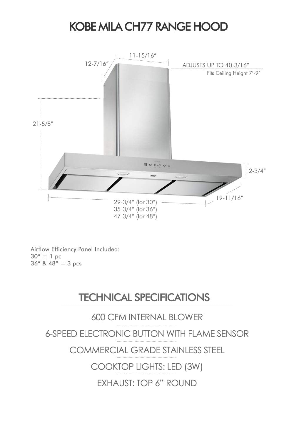 Mila CH77 SQ6 48 Inch Stainless Steel 600 CFM Wall Mount Range Hood with Flame-Temp Sensor