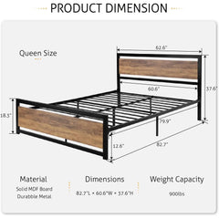 Queen Metal Bed w/ Brown Wood Headboard & Footboard