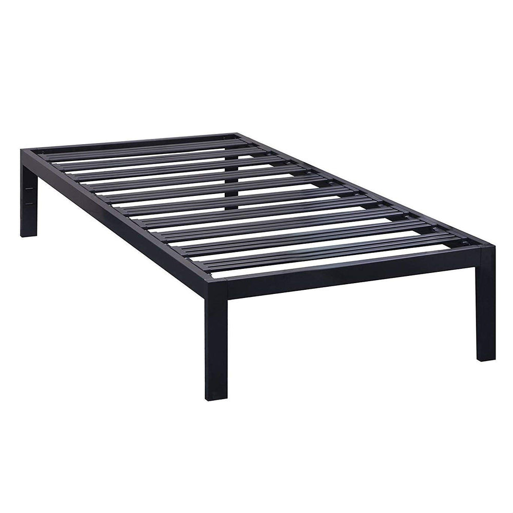 A sleek black metal bed frame with sturdy slats, designed for durability and contemporary style.