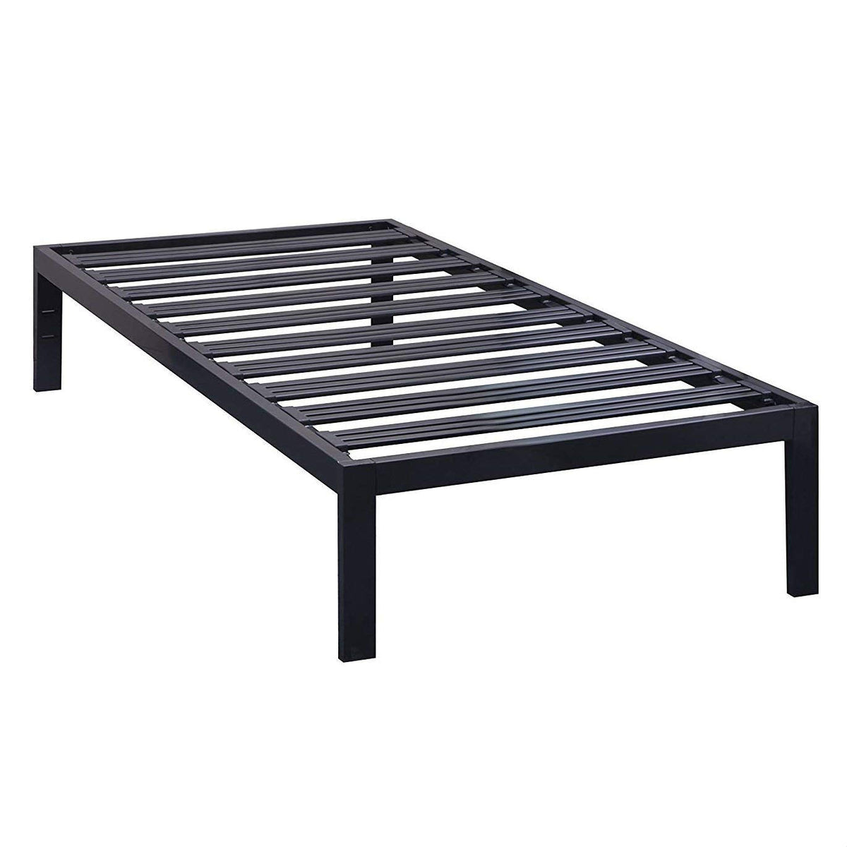 A sleek black metal bed frame with sturdy slats, designed for durability and contemporary style.