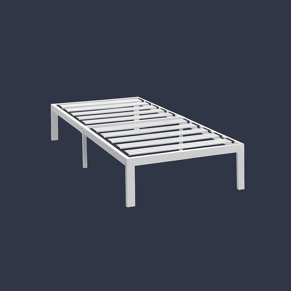 A white bed frame with slats designed to hold a mattress securely.