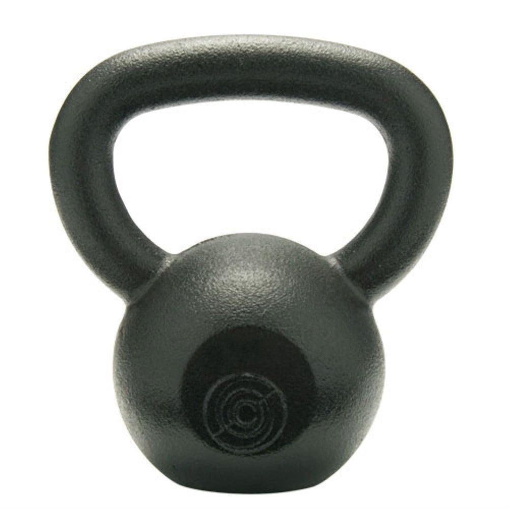 A sleek black kettlebell resting on a stark white background, highlighting its fitness equipment features.