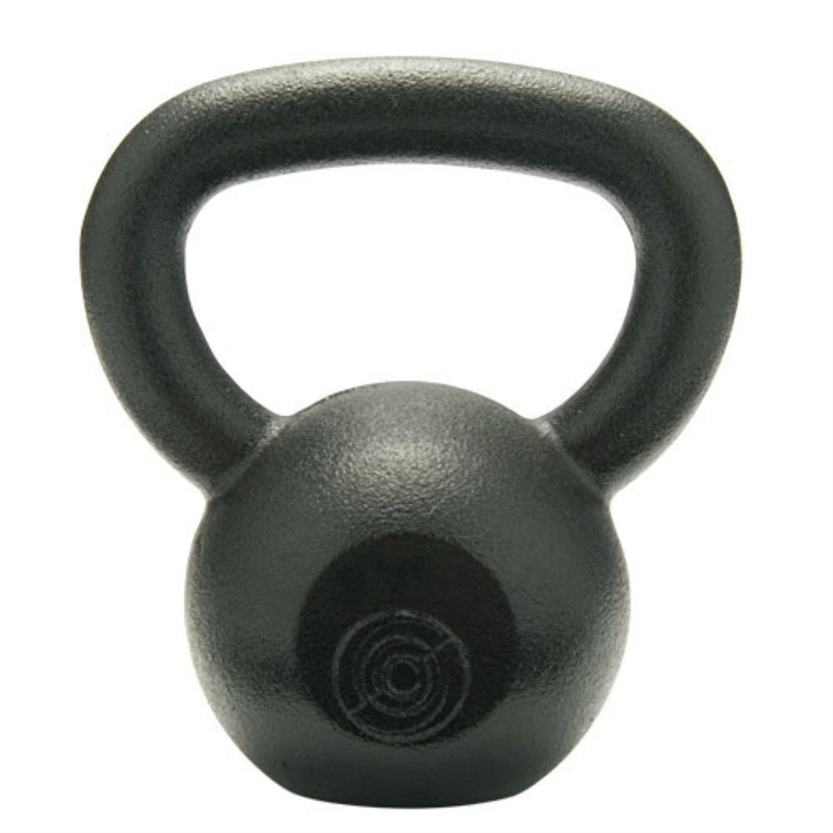 A sleek black kettlebell resting on a stark white background, highlighting its fitness equipment features.