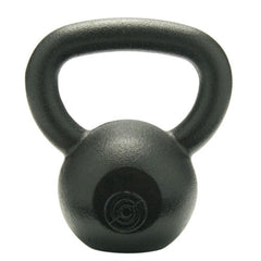 A sleek black kettlebell resting on a stark white background, highlighting its fitness equipment features.