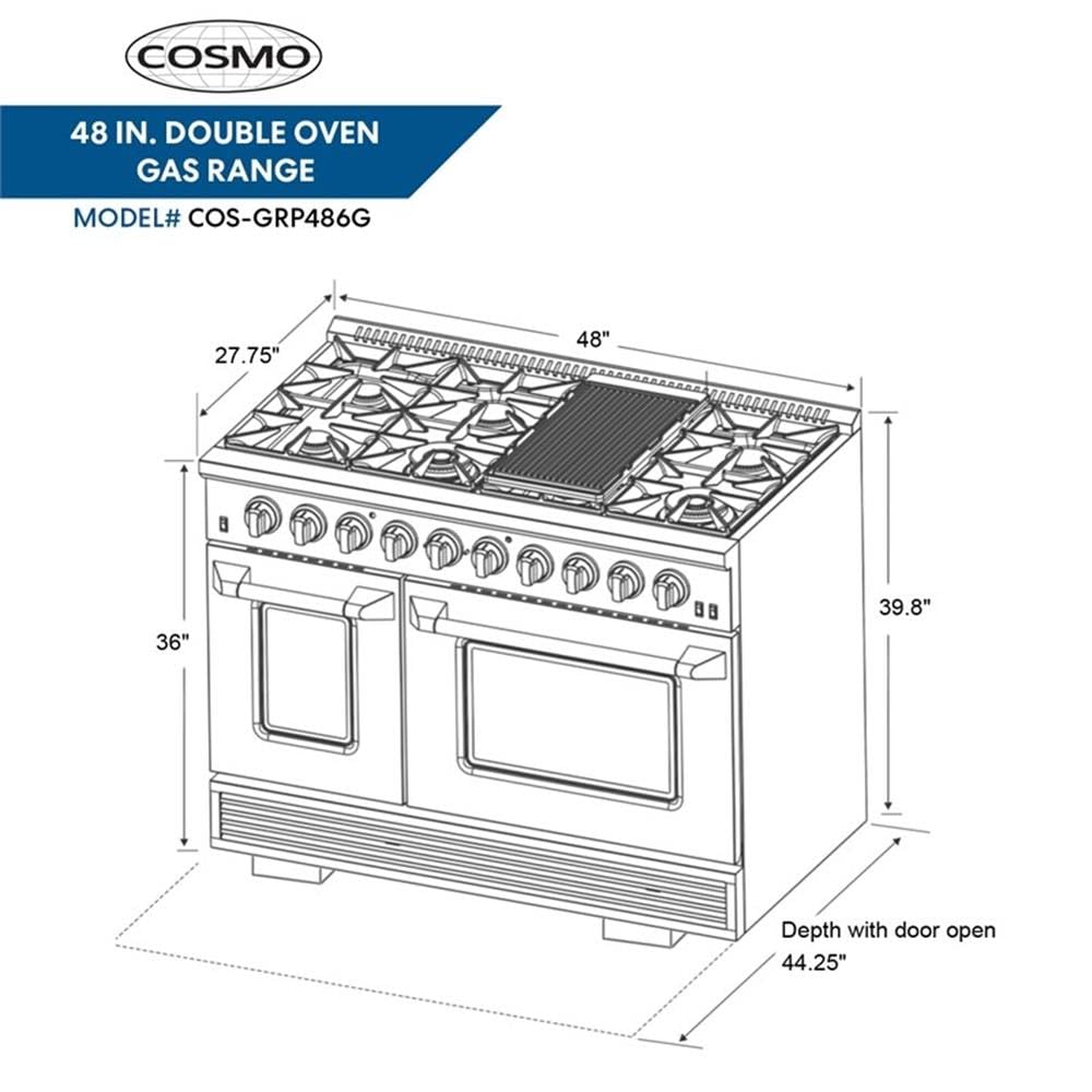 COS-GRP486G 48 in. 5.5 cu. ft. Double Oven Gas Range with 8 Italian Burners and Heavy Duty Cast Iron Grates in Stainless Steel