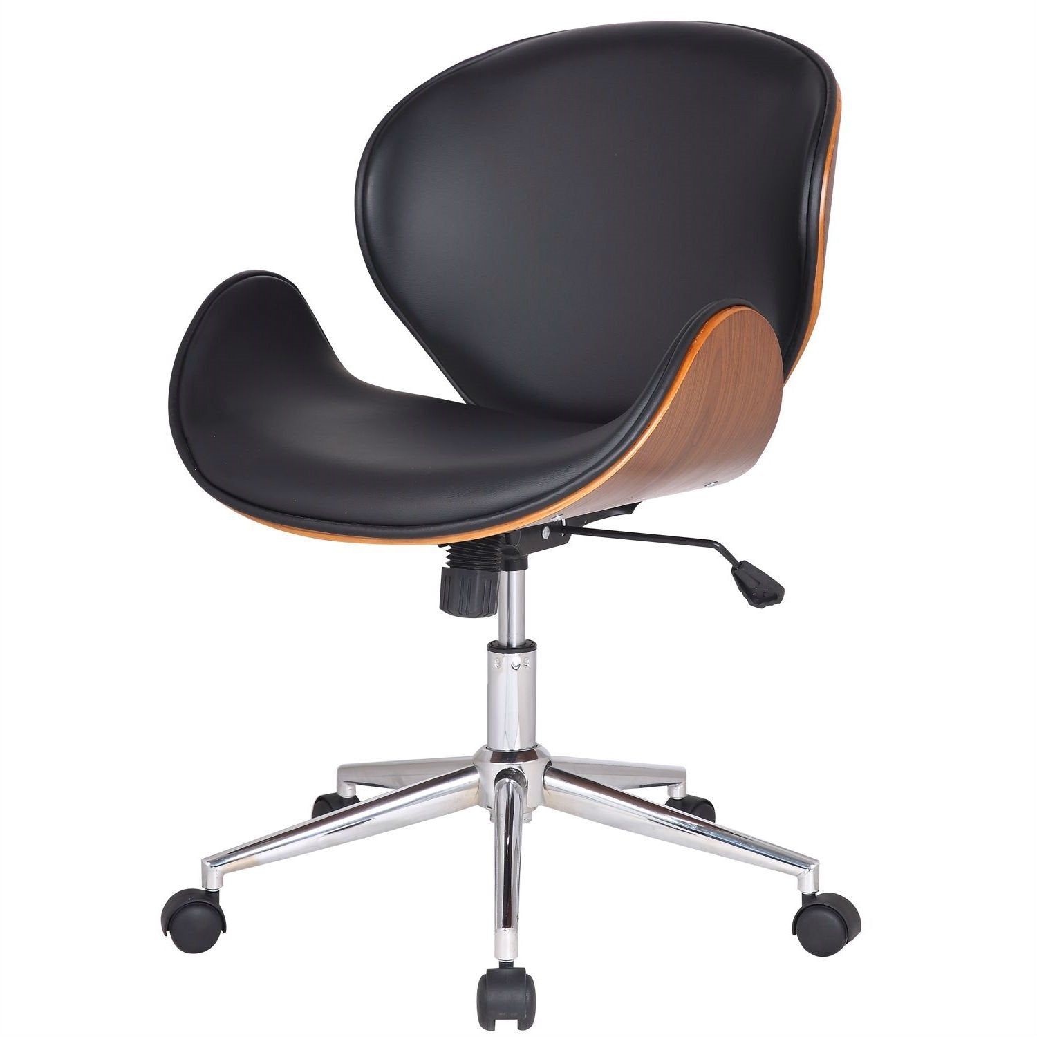 A black office chair featuring chrome wheels and wooden armrests, designed for comfort and style in a professional setting.