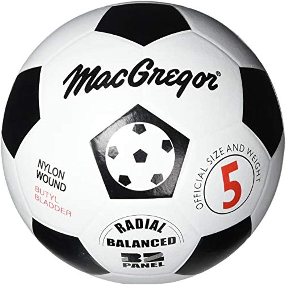 A soccer ball featuring the MacGregor logo prominently displayed on its surface.