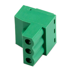 A green plastic terminal block with four openings for wiring connections.