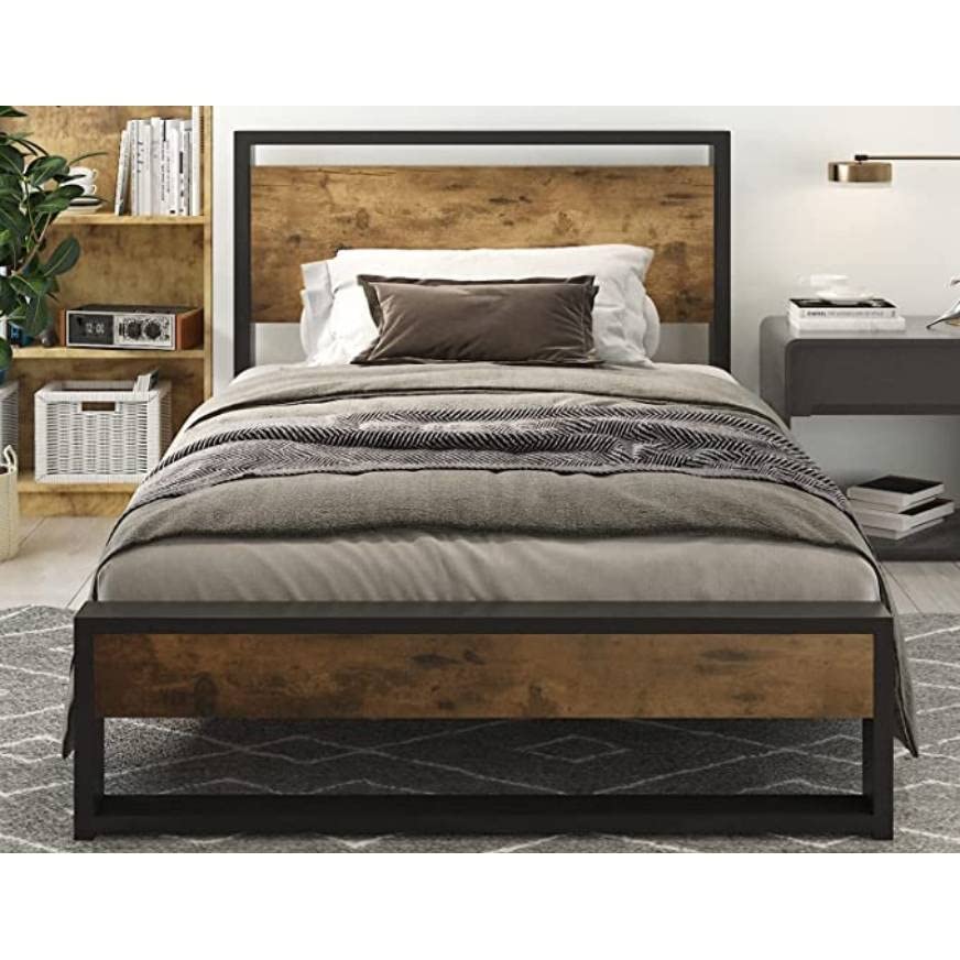 Twin Modern Farmhouse Platform Bed w/ Wood Headboard
