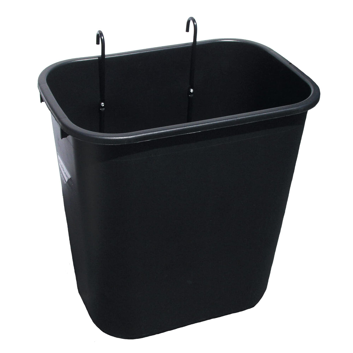 A black plastic trash can equipped with two side hooks for convenient storage or hanging purposes.