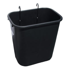 A black plastic trash can equipped with two side hooks for convenient storage or hanging purposes.