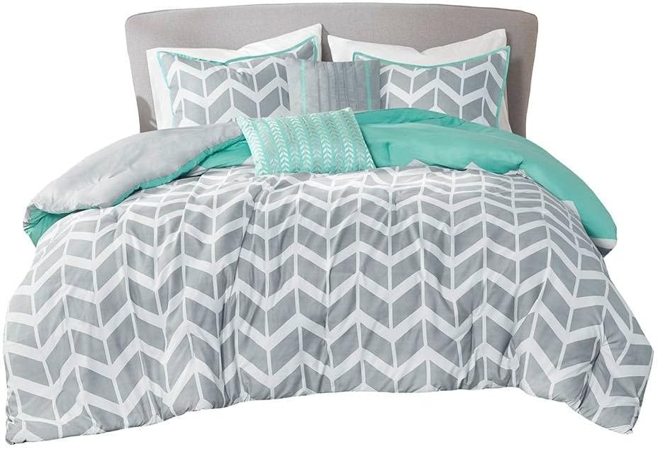 FastFurnishings King Grey White Aqua Chevron Set