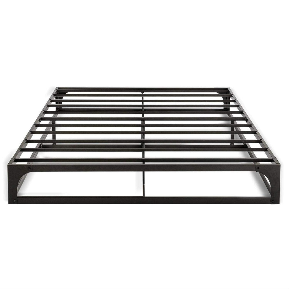 A stylish metal bed frame with a black coating, offering durability and elegance for any bedroom setting.