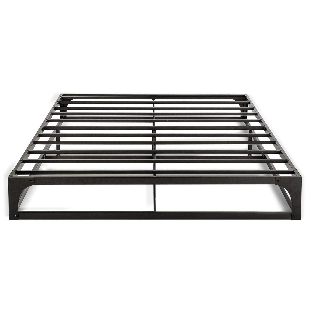 A stylish metal bed frame with a black coating, offering durability and elegance for any bedroom setting.