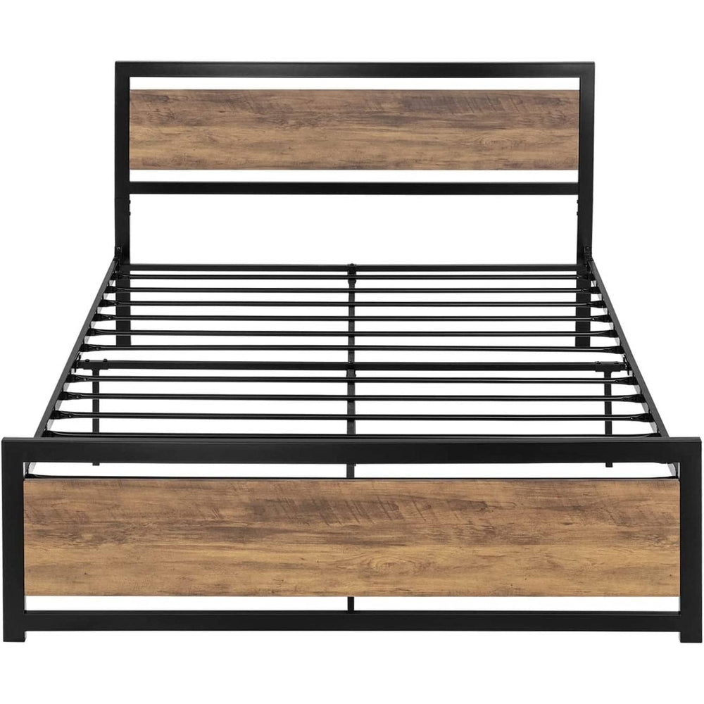 A bed frame constructed with wooden slats and a durable metal frame.