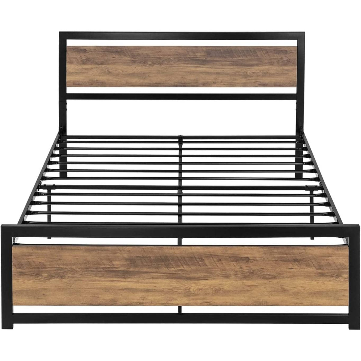 A bed frame constructed with wooden slats and a durable metal frame.