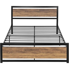 A bed frame constructed with wooden slats and a durable metal frame.