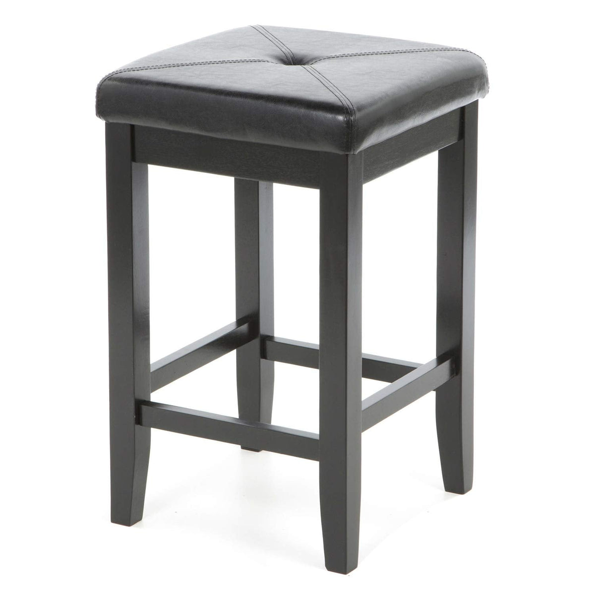 A stylish black stool with a smooth leather seat, perfect for contemporary interiors.