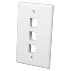A white wall plate featuring four evenly spaced holes for electrical or mounting purposes.