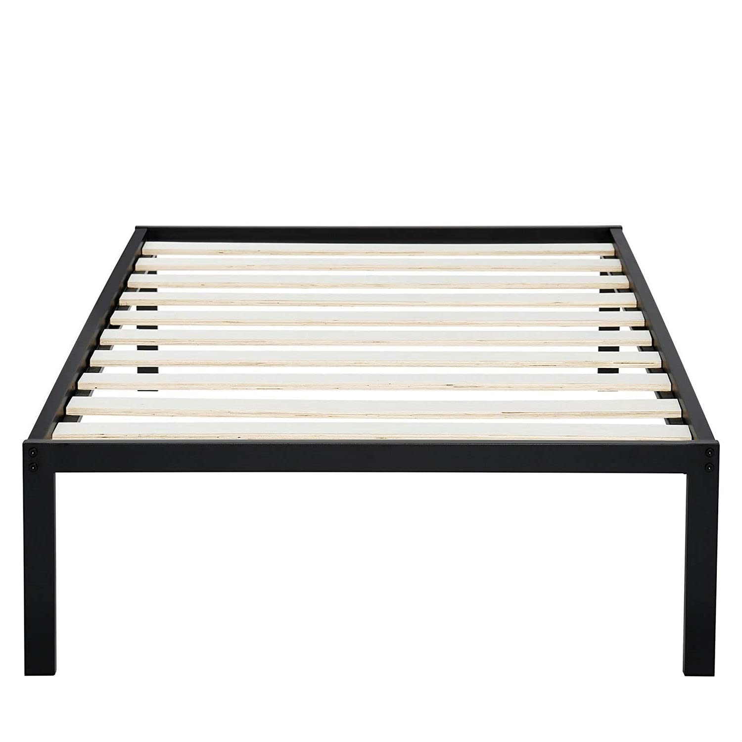 A sleek black metal bed frame complemented by wooden slats for a modern look.