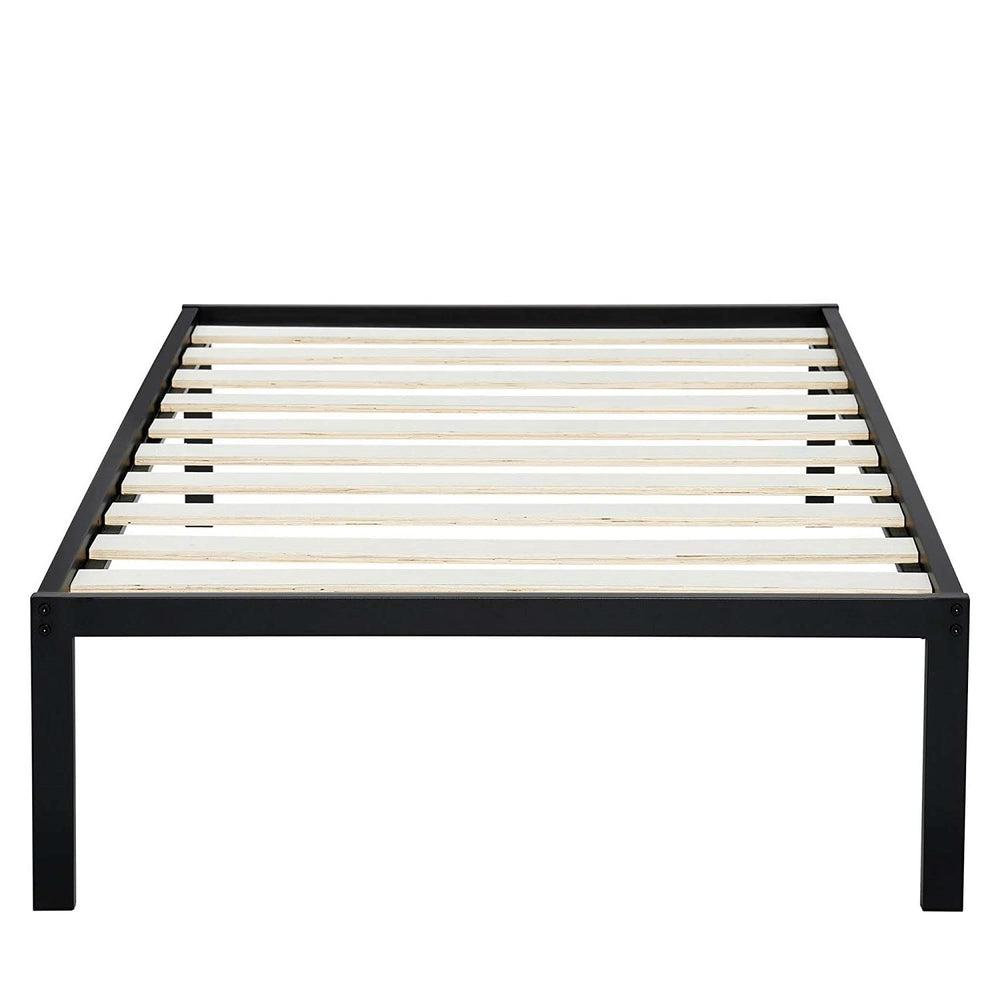 A sleek black metal bed frame complemented by wooden slats for a modern look.