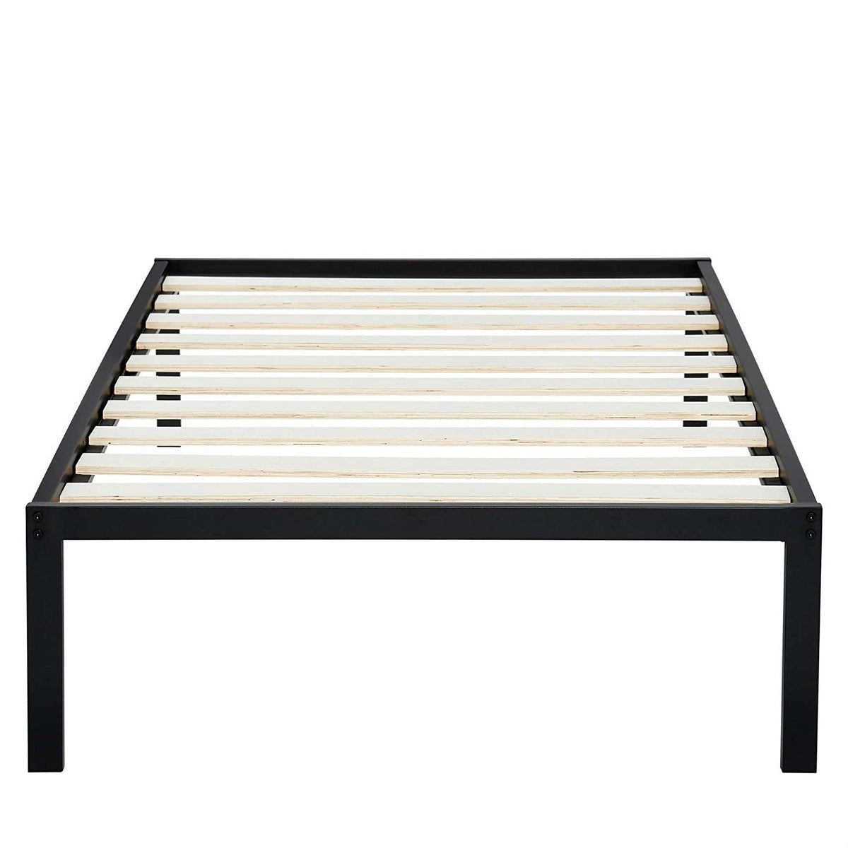A sleek black metal bed frame complemented by wooden slats for a modern look.