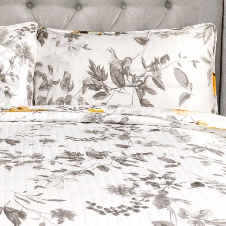 Full/Queen White Yellow Grey Birds Cotton Quilt Set