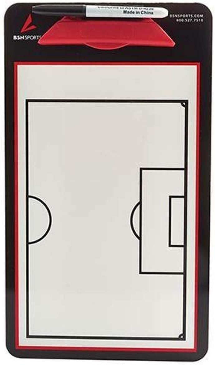  A whiteboard displaying a detailed diagram of a soccer field with marked lines and goals.