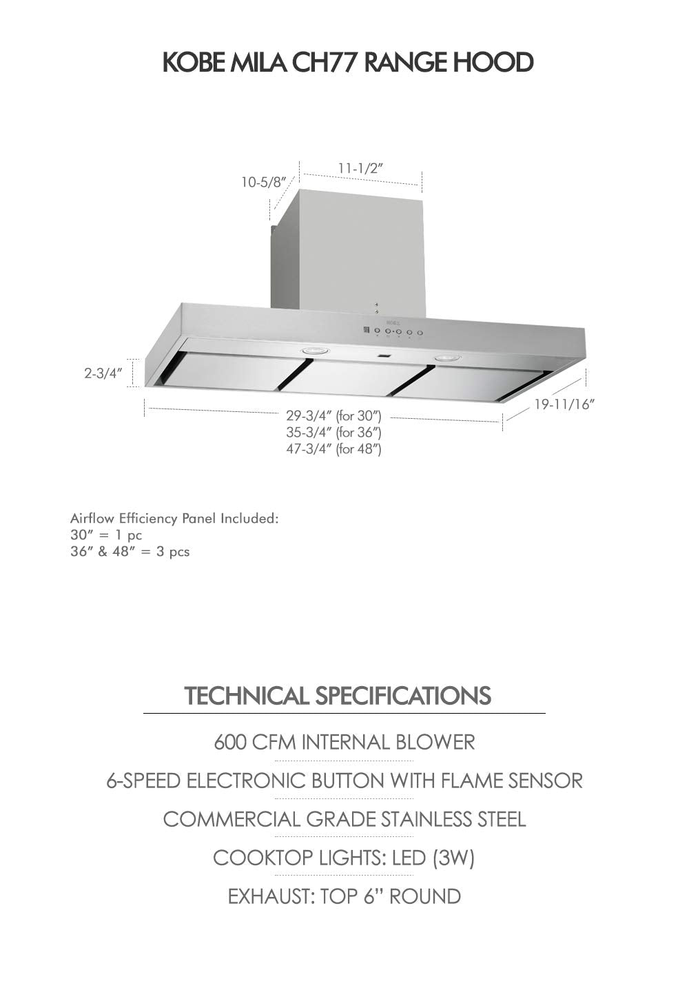 CH7748SQ6-XX 48 Inch 600 CFM Fully Automatic Under Cabinet Perimetric Range Hood in Stainless Steel w/Temp Sensors Auto On/Off