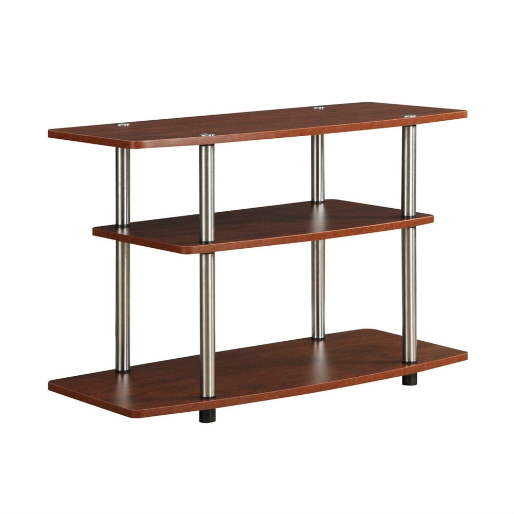 A sturdy wooden shelf with metal legs, showcasing several wooden shelves for organizing items.