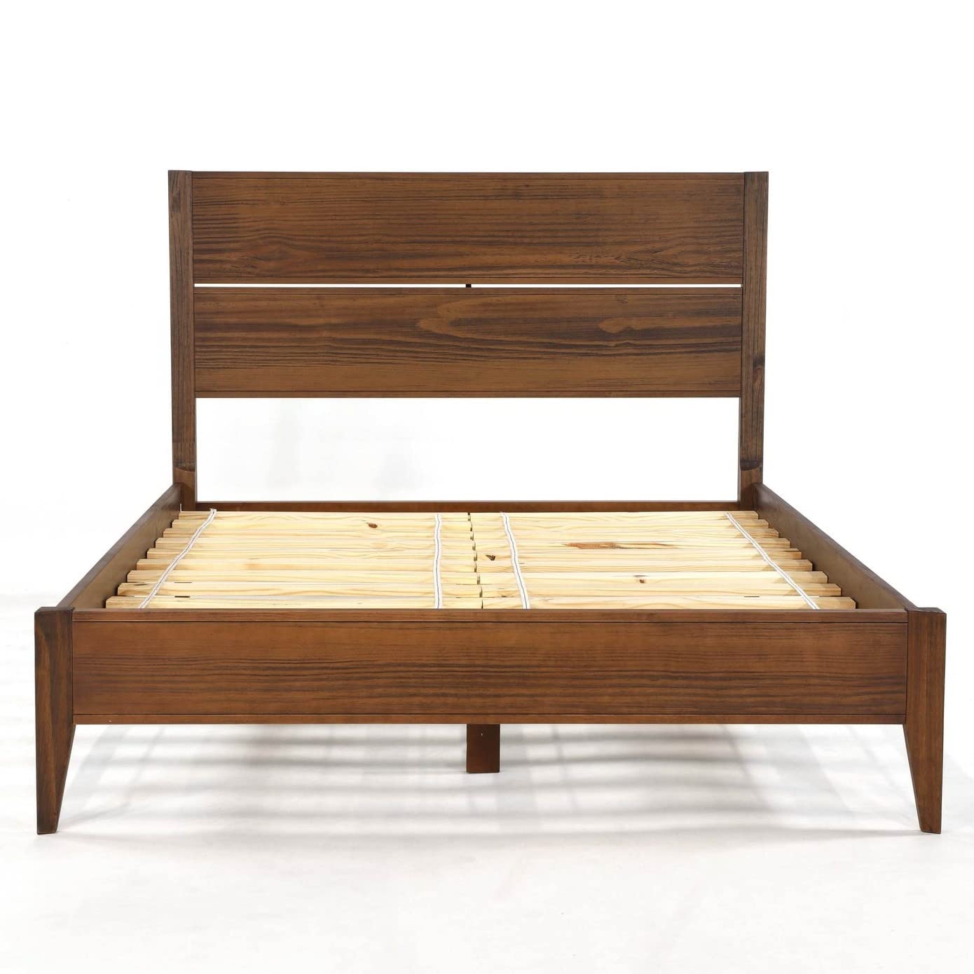 Queen Rustic Walnut Mid-Century Slatted Platform Bed