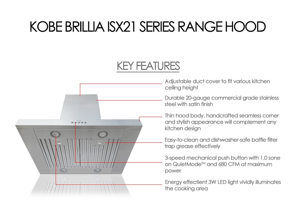 ISX2142SQB-2 Brillia 42-inch Island Range Hood, 3-Speed, 680 CFM, Fits Ceiling Height 8'-9.5, Stainless Steel