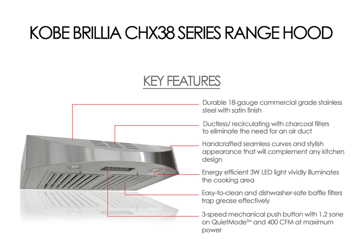 CHX3830SQBD-3 Brillia 30-inch Ductless Under Cabinet Range Hood, 3-Speed, 400 CFM, LED Lights, Baffle Filters