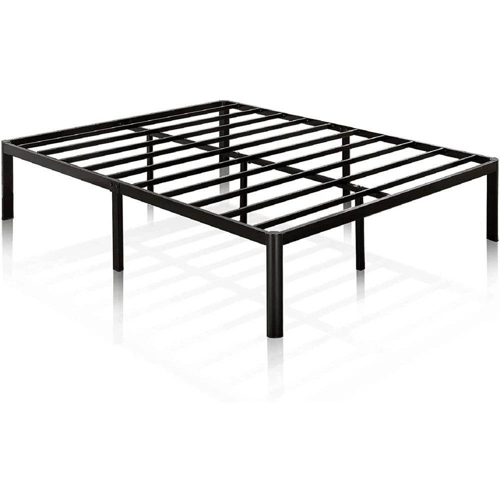 A black metal bed frame showcasing a minimalist design, perfect for contemporary bedroom decor.