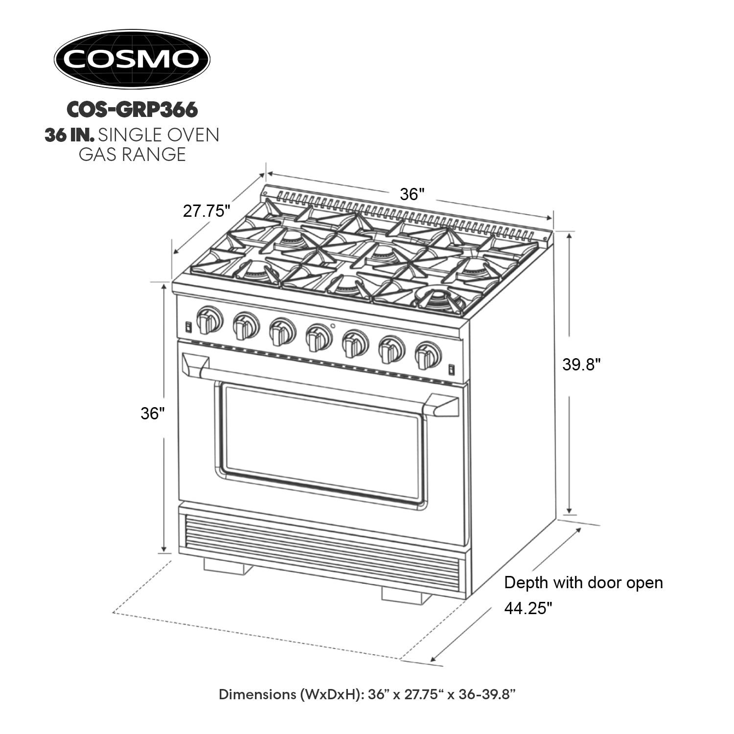 GRP366 36 in. Vista Collection 4.5 cu. ft. Gas Range, 6 Burners, Convection Oven, LED Light Panel in Modern Stainless Steel