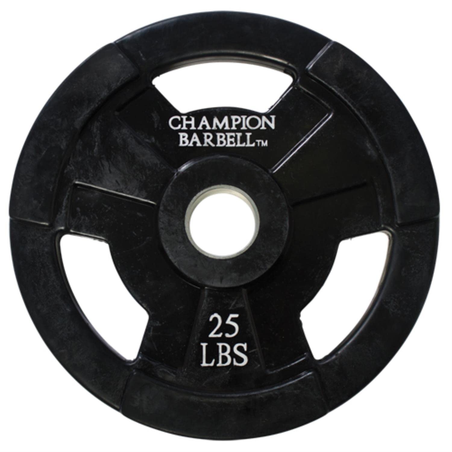 Champion 25 lb black rubber weight plate for Olympic barbells, featuring a durable design for weightlifting exercises.
