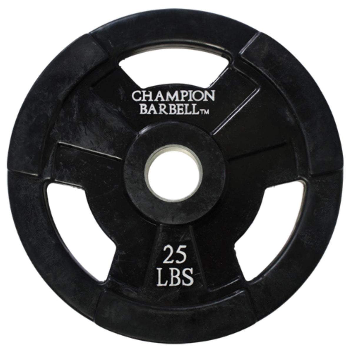 Champion 25 lb black rubber weight plate for Olympic barbells, featuring a durable design for weightlifting exercises.