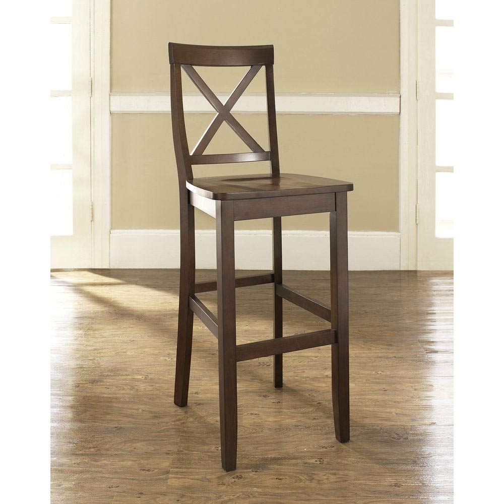 A wooden bar stool with a cross back, designed for comfort and style, suitable for kitchen or dining areas.