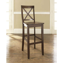 A wooden bar stool with a cross back, designed for comfort and style, suitable for kitchen or dining areas.