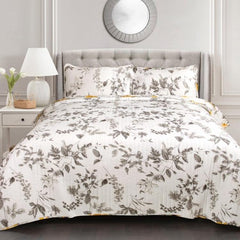 Full/Queen White Yellow Grey Birds Cotton Quilt Set