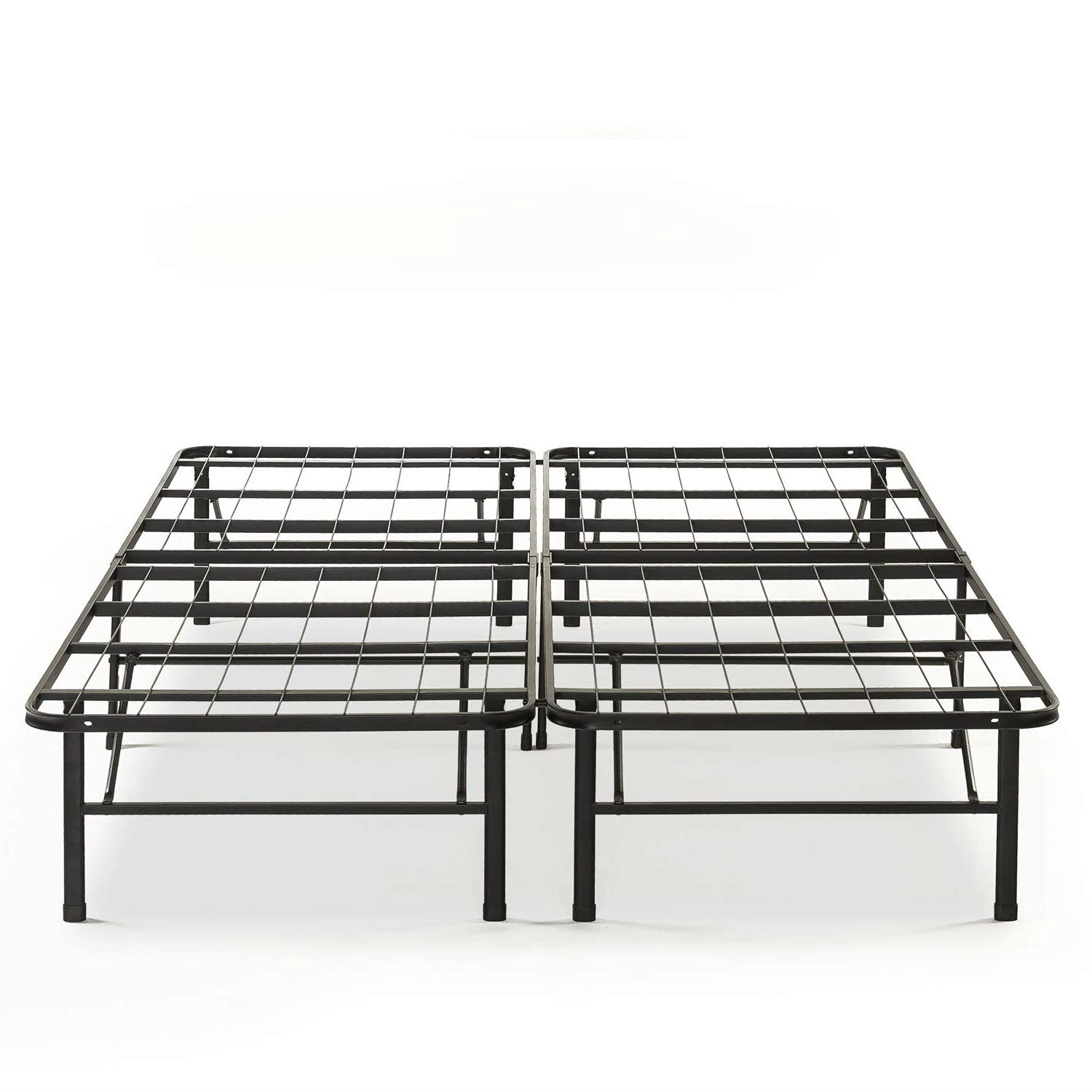 2. A metal bed frame with four legs, designed for durability and strength.