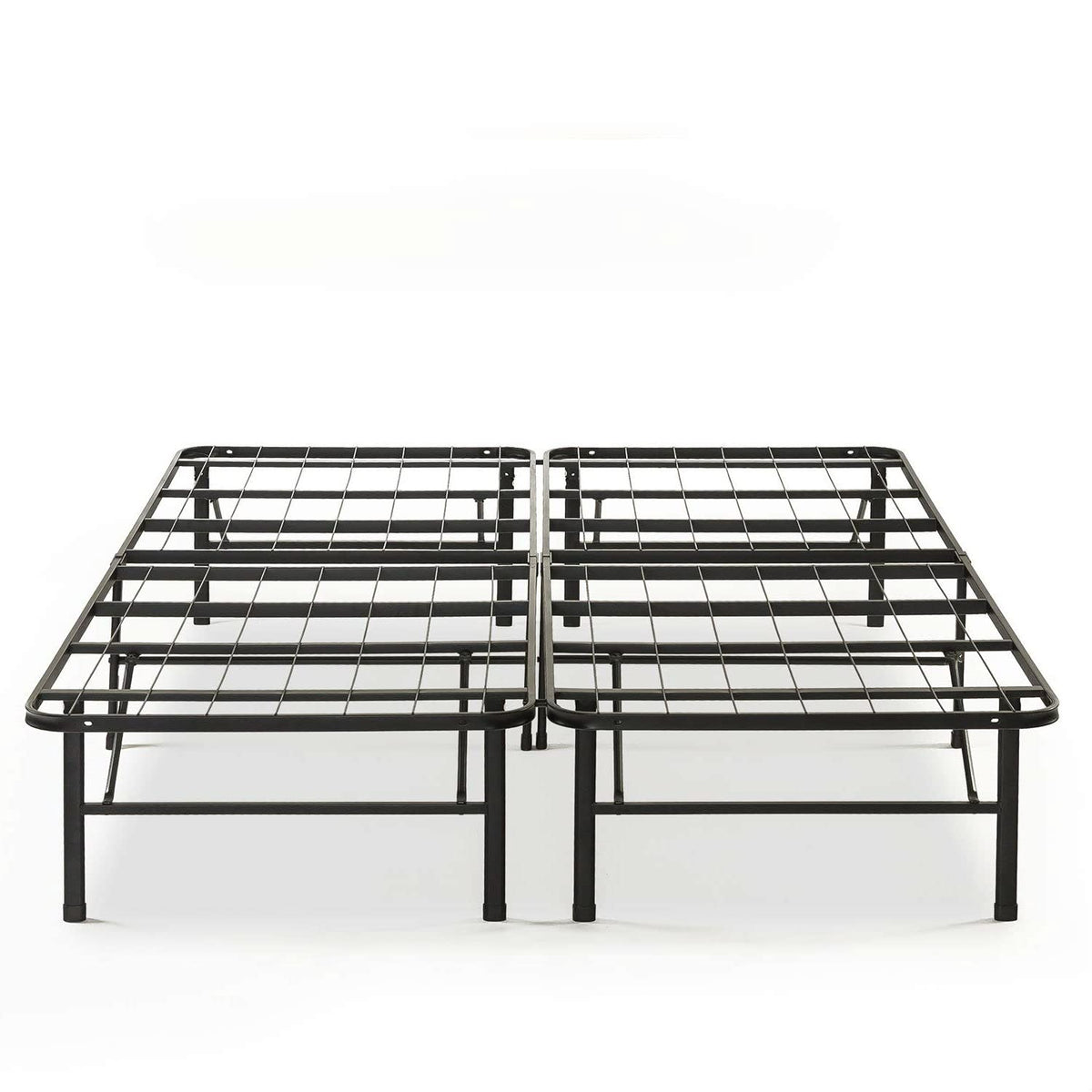 A metal bed frame featuring two sturdy metal legs, designed for durability and support.